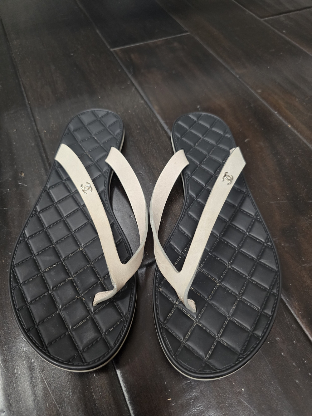 CHANEL Quilted Black Footbed Sandals with Cream Straps